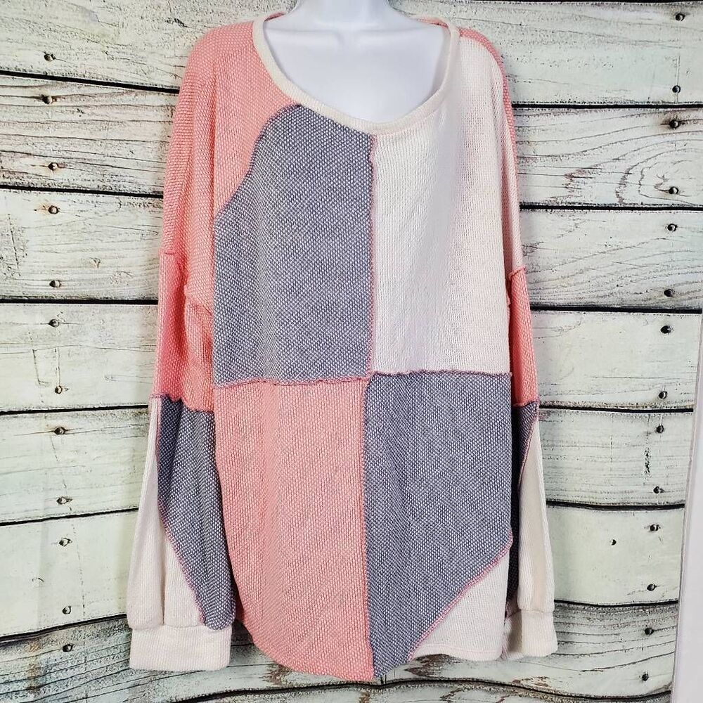 Haptics by Holly Harper Patchwork Colorblock Oversized Waffle Knit Top Women's S